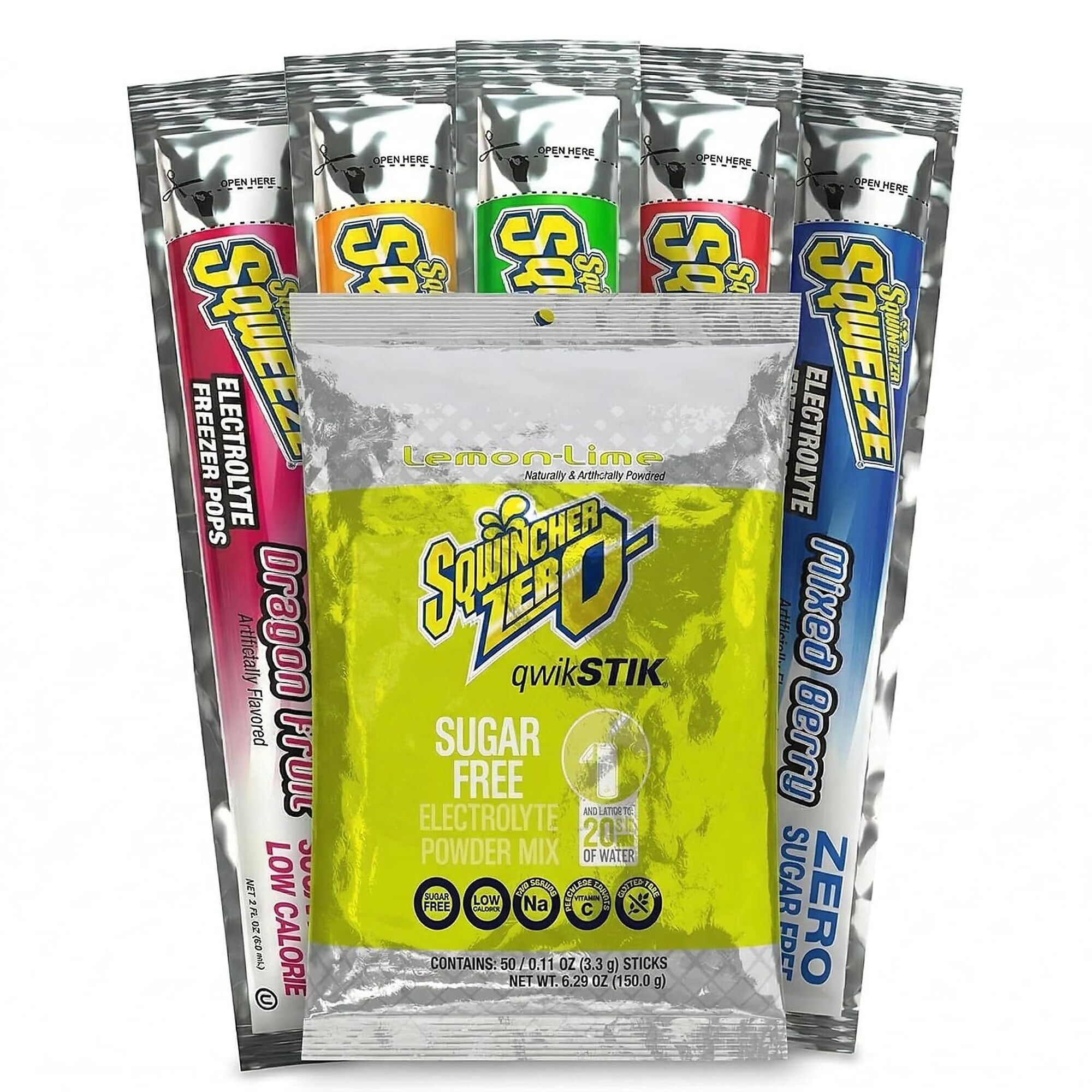 Sqwincher Bundle: Lemon Lime Zero Qwik Stik 50 Pack and Sqweeze Sugar Free Freezer Pops 50 Count
